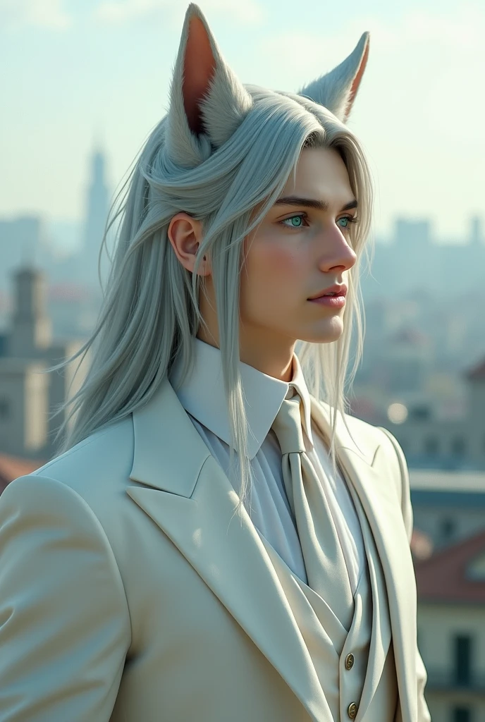 Animal Ears, Long Hair, Gray Hair, White suit、male、adult、tall、Green eyes、profile