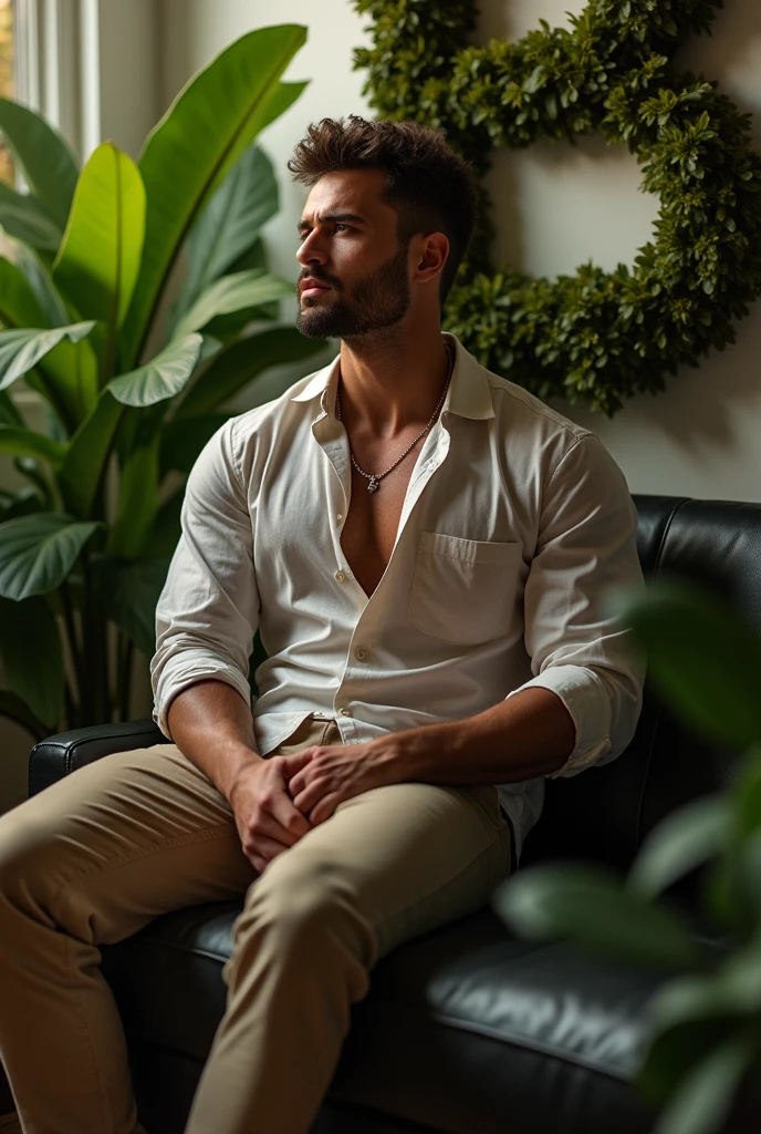 (photorealism:1.2), beautiful man, sitting on rod, soft lighting, plants in background 3d letter b and relaxed pose, 