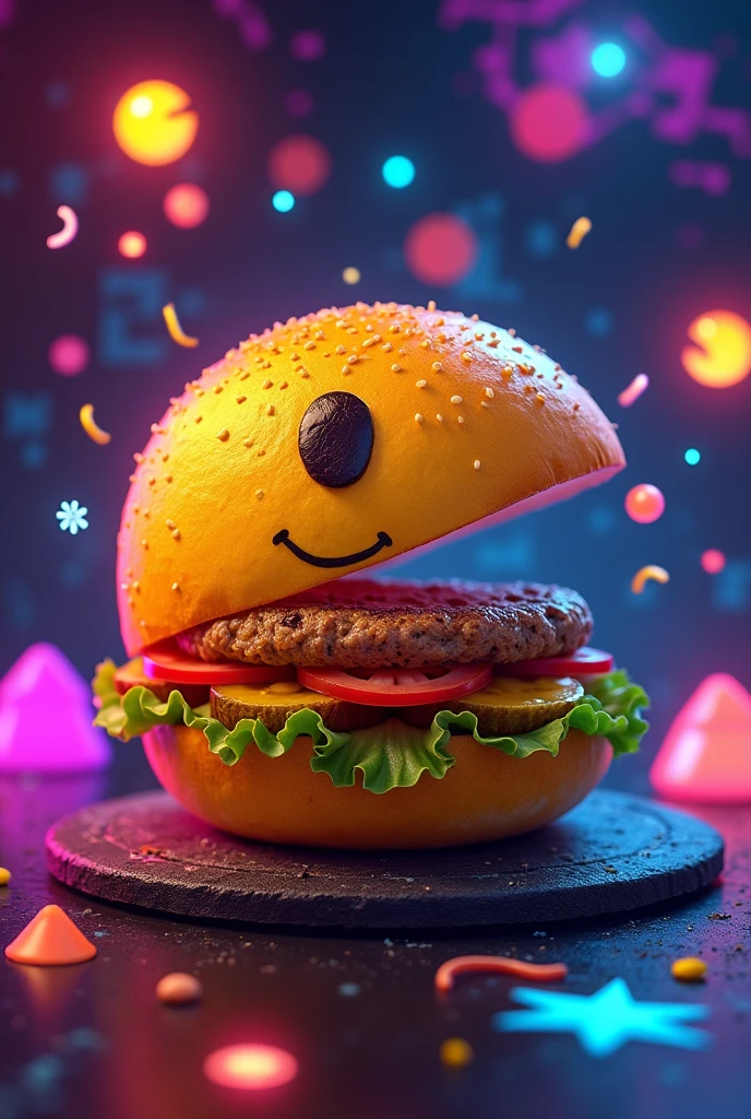 a hamburger simulating being Pac Man and having the shape of Pac Man with a vintage retro 80s style