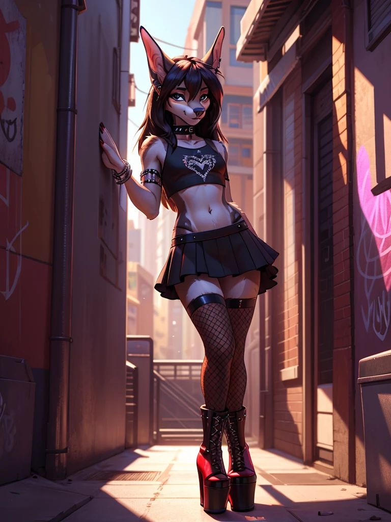 **Prompt:** A beautiful, (masterpiece), high quality, perfect lighting, highly detailed CG Unity 8k wallpaper, high resolution, perfect lighting, youthful, adolescent, tall, slim, skinny, frail slender figure, slim legs, distinctly feminine figure, narrow hips, long legs, close-up shot of a unique female doberman character. Seductive, ready to breed, sexual tension. She has sleek, silver fur with distinctive black spots scattered across her body, adding to her natural elegance. Her hair is crimson red, styled in long flowing locks, with a few strands escaping to frame her face. Her eyes are a striking brown, filled with a playful spark. She is dressed in alternative goth girl clothes. Short skirt, fishnet stockings, platform boots, loose crop top punk shirt, choker. few casual accessories, including a woven bracelet and a pair of small, stud earrings. The character is posed in a candid, She is leaning back against a wall, her face tilted up to enjoy the warmth of the sun, looking at the viewer with a loving gaze. Detailed glistening eyes. The background is a softly blurred urban stair scene with graffiti and trash on the ground. The lighting highlights the texture of her fur and the textures of her clothing, creating an intimate and exciting close up scene that captures a beautiful sexy Doberman.