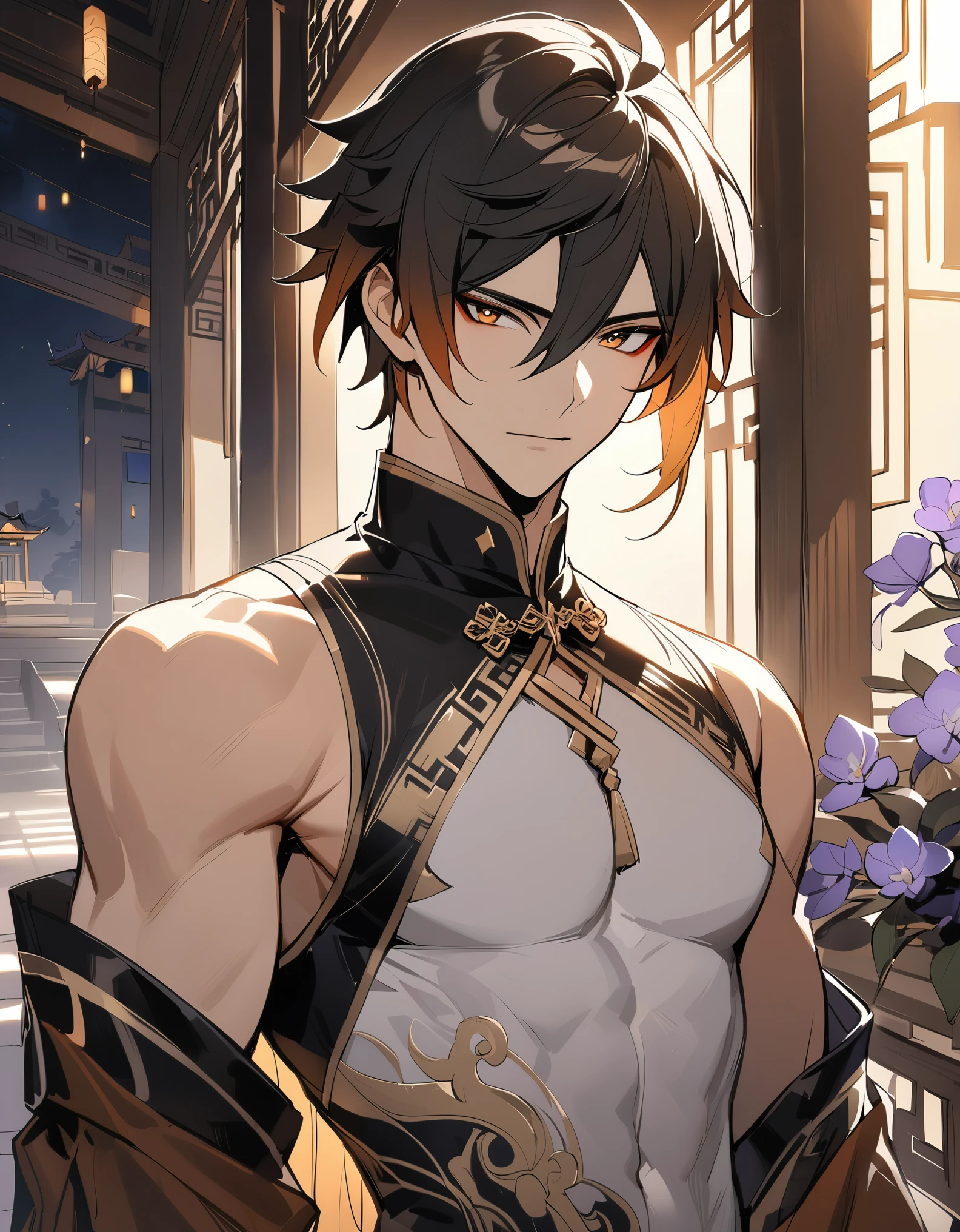(masterpiece:1.5)，best quality，(1 Handsome and calm man)，alone，black long hair，(gold eyes), (soft expression)，perfect face，Fantasy Chinese style，Complex clothing design with Chinese elements，Slightly muscular body，High，8K，Beautiful contrast of light and shadow，purple flowers，Positive face，Chinese luxury palace，night,zhongli genshin_impact 