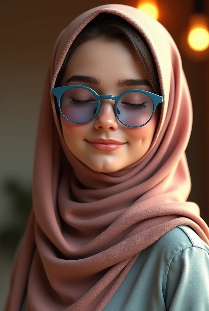 A emma myers,closed eyes,perfect eyes,with hijab,medium body, wink expression,,put blue oakley glasses, 3d render
