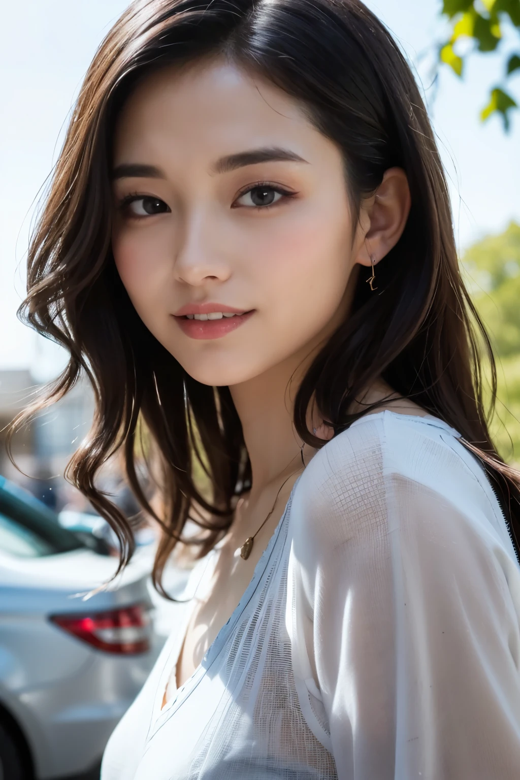 (8K,RAW photos、RAW photos、Top quality、Masterpiece:1.2)、Ultra Detailed、Super Resolution、(Photorealistic:1.3)、Frontal shooting angle、Draw light and shadow clearly、High-resolution RAW color photos、Professional photography、Same skin type as humans、Clear background from head to toe、Faithful to anatomy、Very detailed and beautiful、Ultra-high quality、long、Hair swaying,Sexy、Very detailed beautiful girl、(Pink Eyeshadow)、Smile、Collared shirt、Denim shorts,Parking on a sunny day、Loose curly hair、wave her hand、Close-up above the legs
