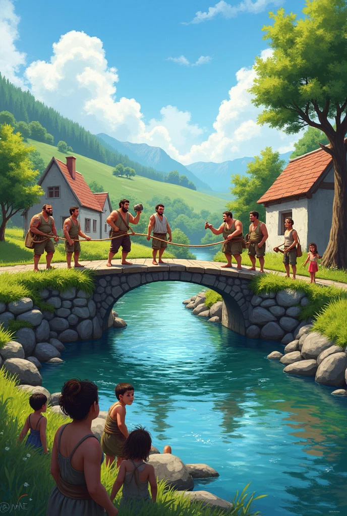 Now draw people building a bridge on the river to join the two villages together