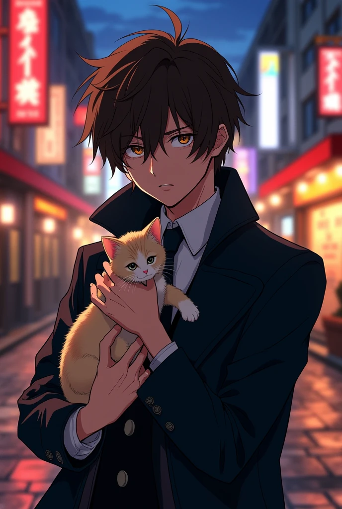 In anime style, an Osamu Dazai from his mafia era from te anime series Bungou Stray Dogs with a lovely kitten.