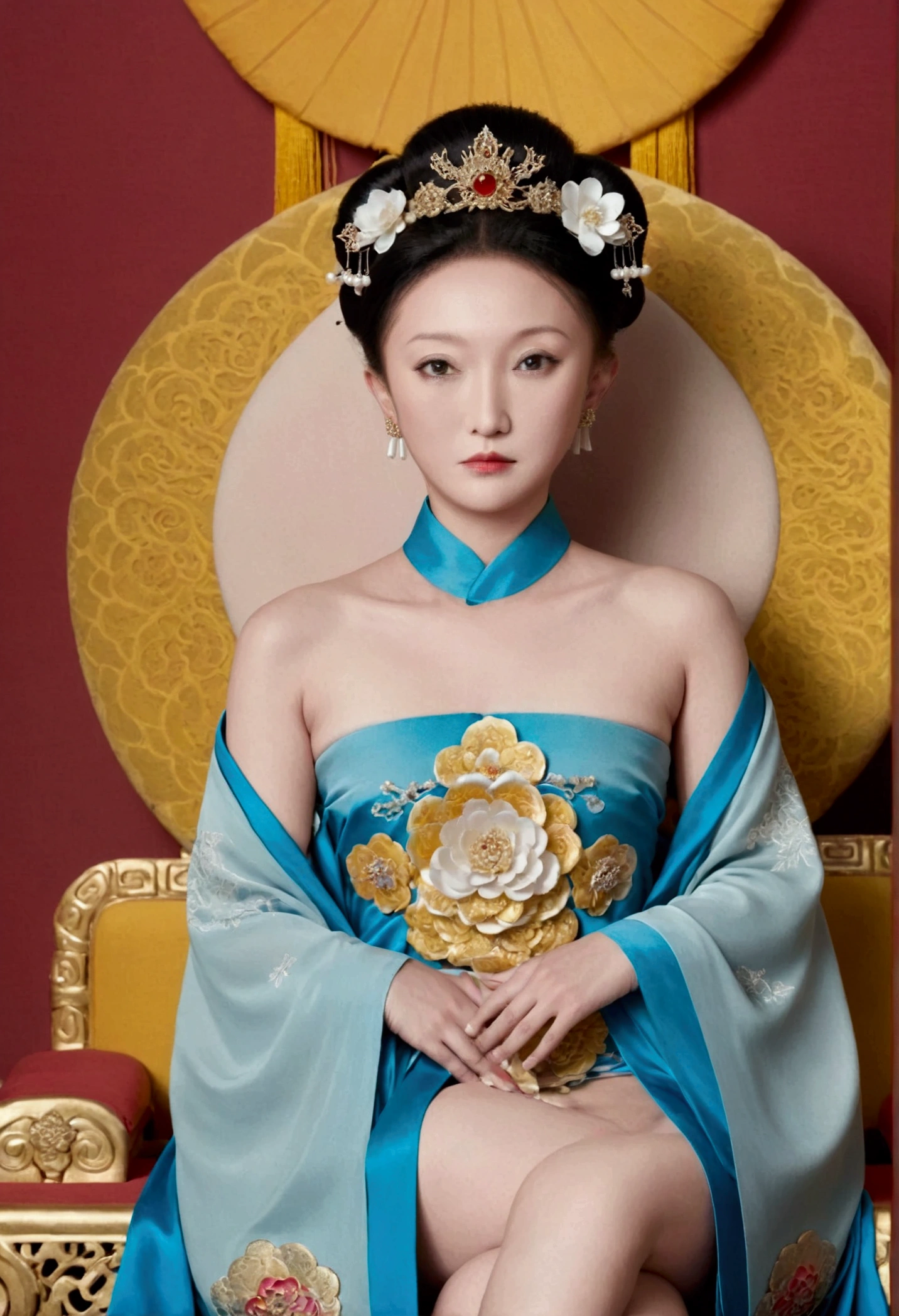 From the pre-Qing period, The Empress sits naked on a large golden sofa in the palace,  Her legs were spread, At the Chinese court during the Qing Dynasty, Empress of the Qing Dynasty, Wearing the great crown of the Chinese Empress, Belly and thighs visible from below.。She is completely naked, Showing off gorgeous large flowers and hairpins, She tied her hair up and pulled it up, 背景はEmpress of the Qing Dynastyの豪華な宮殿.