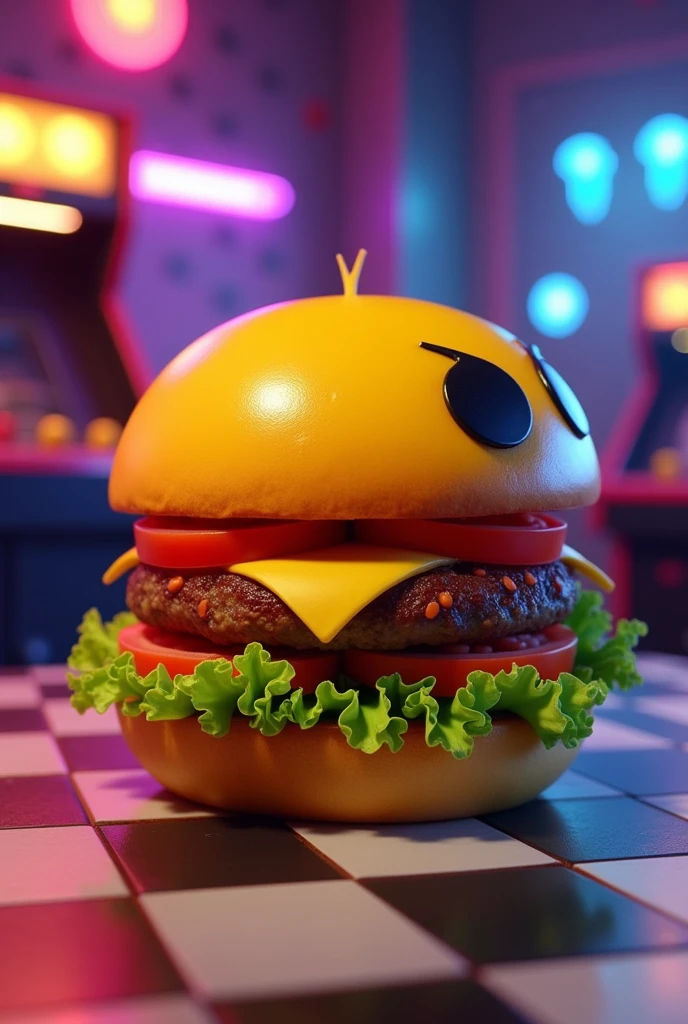 a hamburger simulating being Pac Man and having the shape of Pac Man with a vintage retro 80s style
