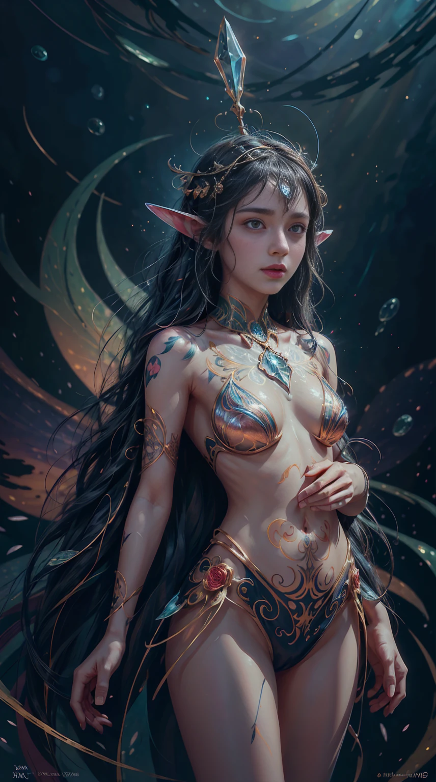 A girl wearing an elaborate metal headdress adorned with gemstones, Flower tattoo, Colorful hair, And a set of sparkling exquisite patterns. She opened her hands, Revealing her delicate facial features, Beautiful and delicate eyes, Eye of the Universe, Solitary (best quality, Ultrafine, best illustration, Best shadow, masterpiece, high resolution, Professional artwork, Famous Artworks: 1.2). Surrealism, The Light of Magic and Technology, Flowing sparkling liquid, Fast moving beam, Time-Stretch Particle Behavior, fantasy background, Technical Background, fantasy, Celestial Bodies, Concept Art, radiation, Caustics, diffraction, Epic Composition Image, Particles follow the lines of the scene. flight, Best color quality, high resolution masterpiece, best quality, Final Details, illustration, Ultra HD, Ultra Detailed, 8K