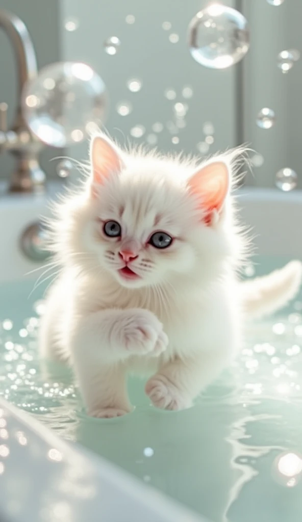 A cute white cat, Big bright eyes, Fluffy, Delicate and exquisite, Real Kitten,Playing with bubbles in the bathroom,White real bubbles,Pure white high-end bathroom background