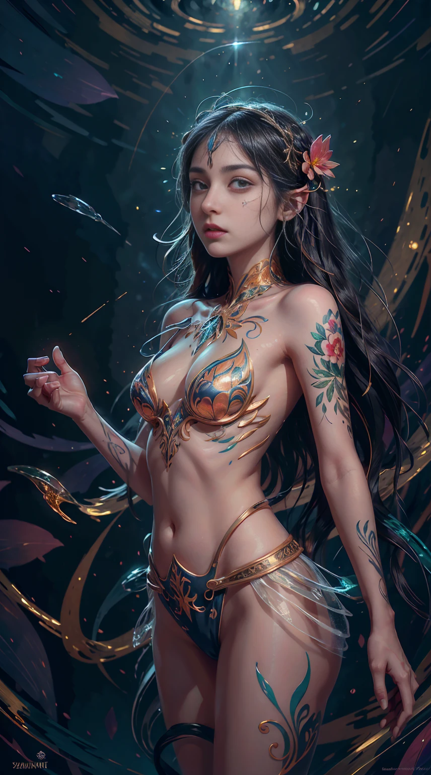 A girl wearing an elaborate metal headdress adorned with gemstones, Flower tattoo, Colorful hair, And a set of sparkling exquisite patterns. She opened her hands, Revealing her delicate facial features, Beautiful and delicate eyes, Eye of the Universe, Solitary (best quality, Ultrafine, best illustration, Best shadow, masterpiece, high resolution, Professional artwork, Famous Artworks: 1.2). Surrealism, The Light of Magic and Technology, Flowing sparkling liquid, Fast moving beam, Time-Stretch Particle Behavior, fantasy background, Technical Background, fantasy, Celestial Bodies, Concept Art, radiation, Caustics, diffraction, Epic Composition Image, Particles follow the lines of the scene. flight, Best color quality, high resolution masterpiece, best quality, Final Details, illustration, Ultra HD, Ultra Detailed, 8k