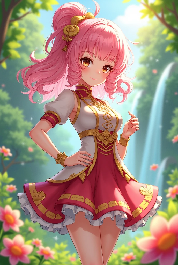 generate me a genshin impact character with curly hair, her hair is also pink, and eyes are brown, she has pink/white/yellow/red colors in her clothes