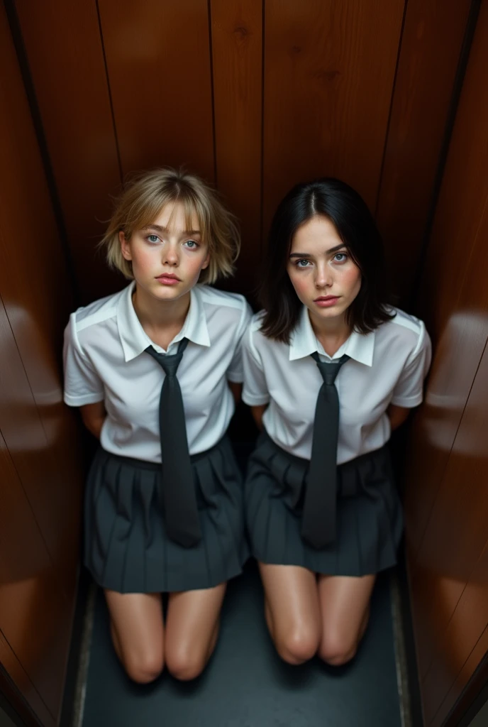 Realistic photo from above of two slim pretty Caucasian women. One has short light-brown hair. The other has short dark hair. They are wearing tight whiteey are not wearing a bra. They are wearing dark-grey ties. They are wearing dark-grey pleated skirts. They are kneeling in a church confessional booth. They are looking up to the viewer. They both have both hands behind their backs. Their mouths are slightly open. They are lit by the camera flash.