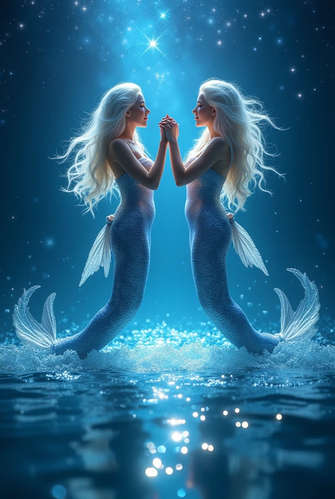 Pisces, twin god, mermaid, mirror image, ten fingers tightly clasped, blue and white star domain, emitting blue and white light all over, sparkling,4K