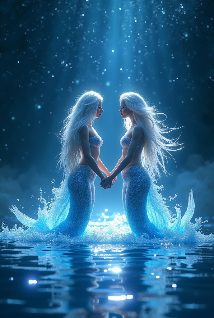 Pisces, twin god, mermaid, mirror image, ten fingers tightly clasped, blue and white star domain, emitting blue and white light all over, sparkling，4K