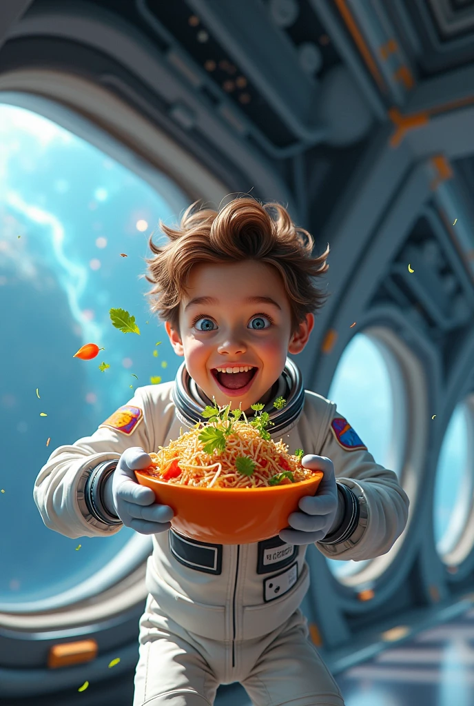 There is a boy is eating Thai spicy papaya salad on space station together with joyful and do thug shake