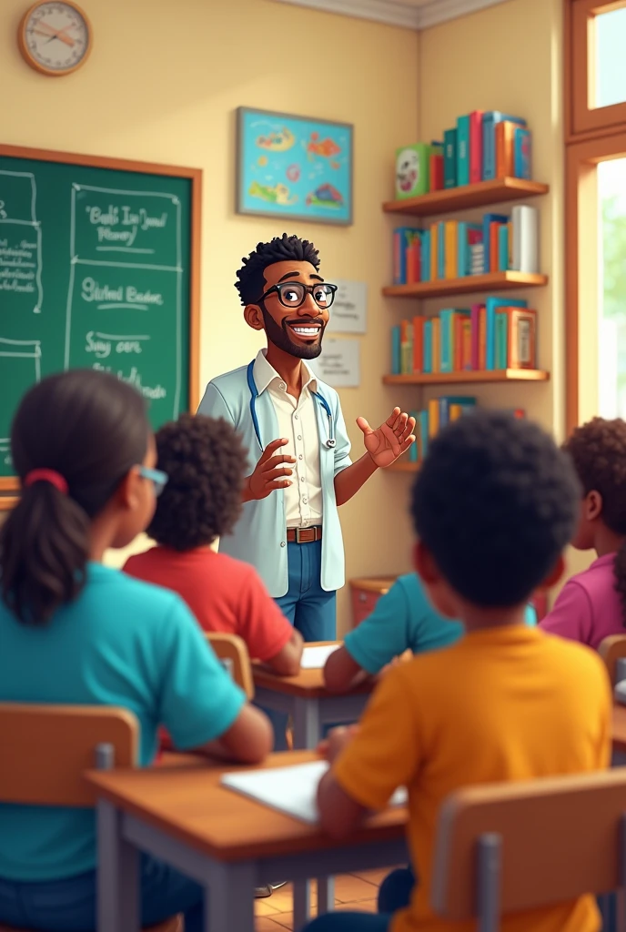 Cartoon of a 38years old nigerian teacher, teaching black nigerian men of 56years old and women of 45years old to 60years old in a class room
