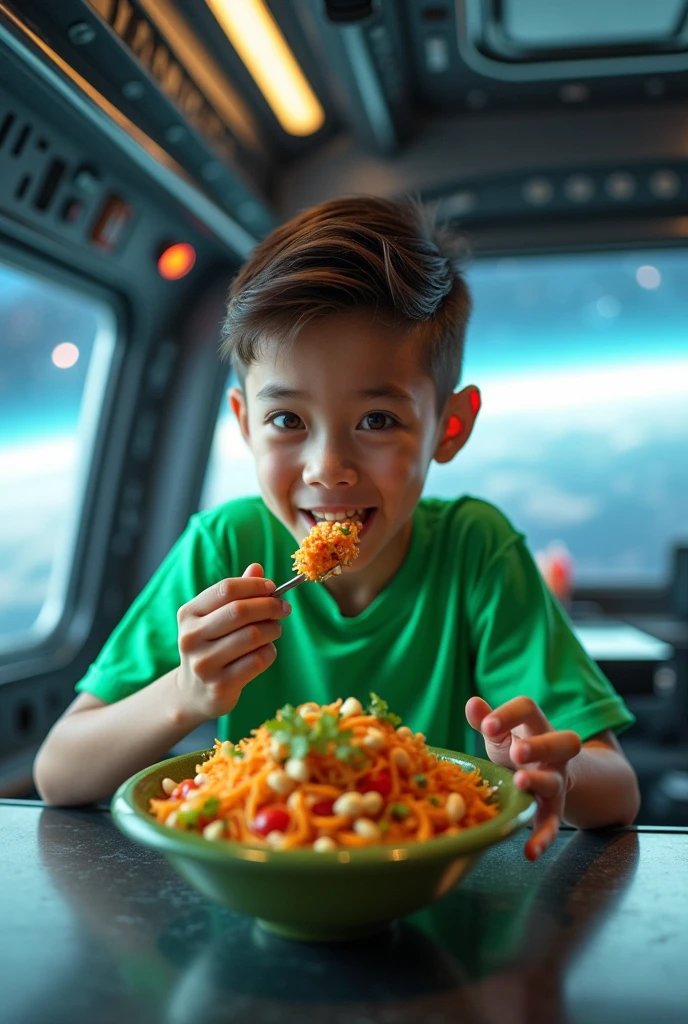 A 15-year-old boy wearing a green shirt is eating a Thai Som tam in a spaceship.