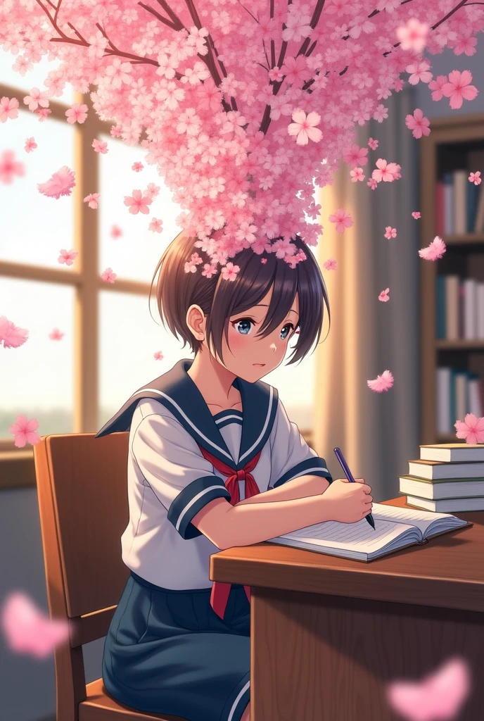 I'm studying in a sailor uniform and a bunch of cherry blossom petals are coming out of my head.、Scattered illustrations。Composition from above
