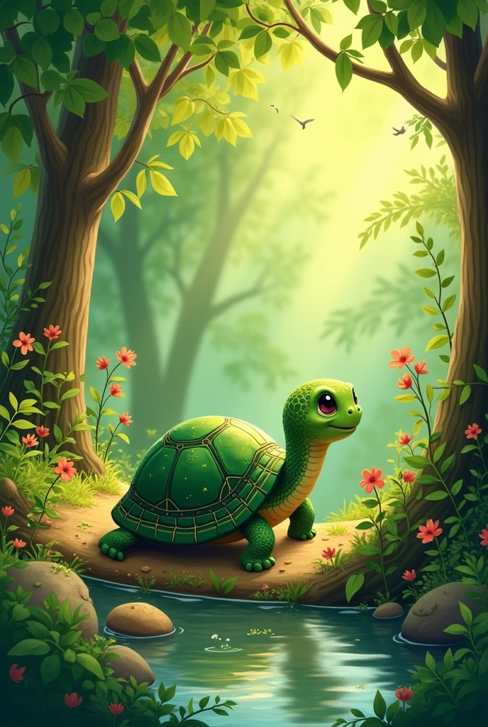 A little turtle that lives in a beautiful forest for a children's book