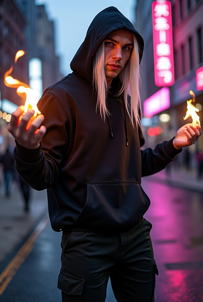 A superhero. He wear black clothes: cargo pants, hoodie with large hood on his head and gloves without fingers. He has white really long hair and he's young and handsome. He has no beard, with clean face, with no facial hair. The hood cover his face in half but he has flirty smile on his face. He has violet eyes. In his hand he's playing with fire between his fingers. He looks a little like Rhaegar Targaryen.