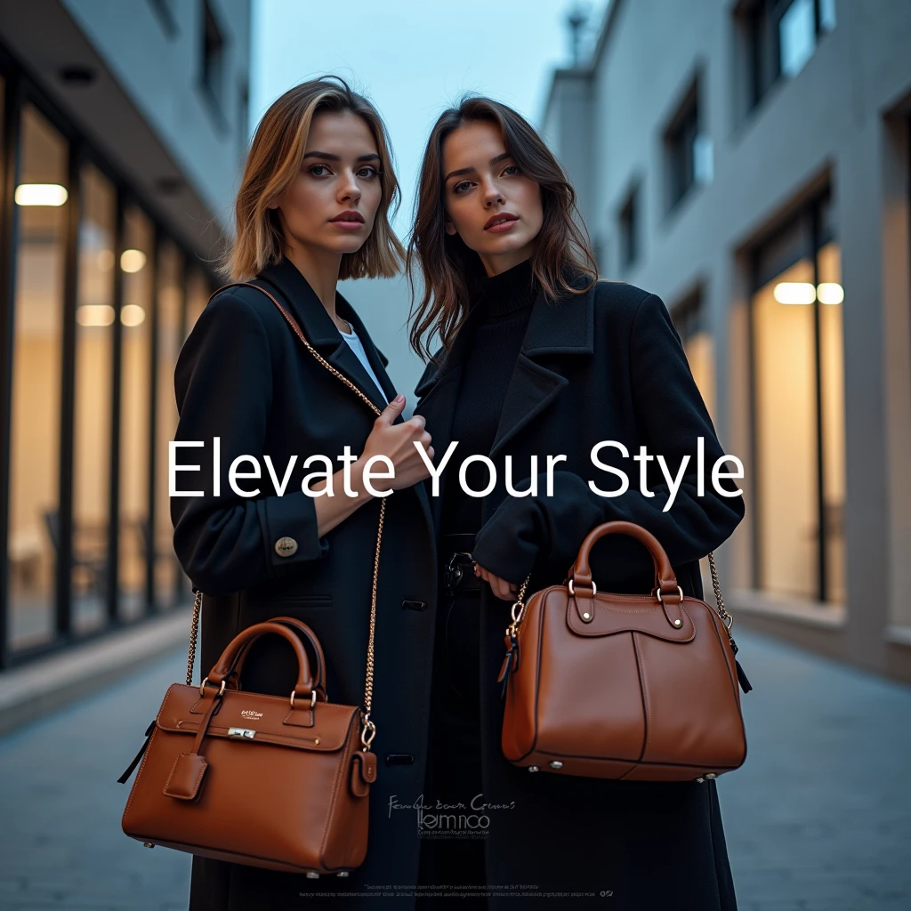 Create a fashion poster for the brand Leather Goods, showcasing its chic and trendy style. The poster should appeal to young women aged 25-30, highlighting the brand's focus on fashionable and contemporary designs. Use a sleek and modern aesthetic with high-quality visuals that exude sophistication and style. Incorporate elements like bold typography, elegant models, and a clean layout that reflects the brand's identity as a leader in high-end fashion for young, stylish women. The overall design should convey a sense of exclusivity, confidence, and cutting-edge fashion.