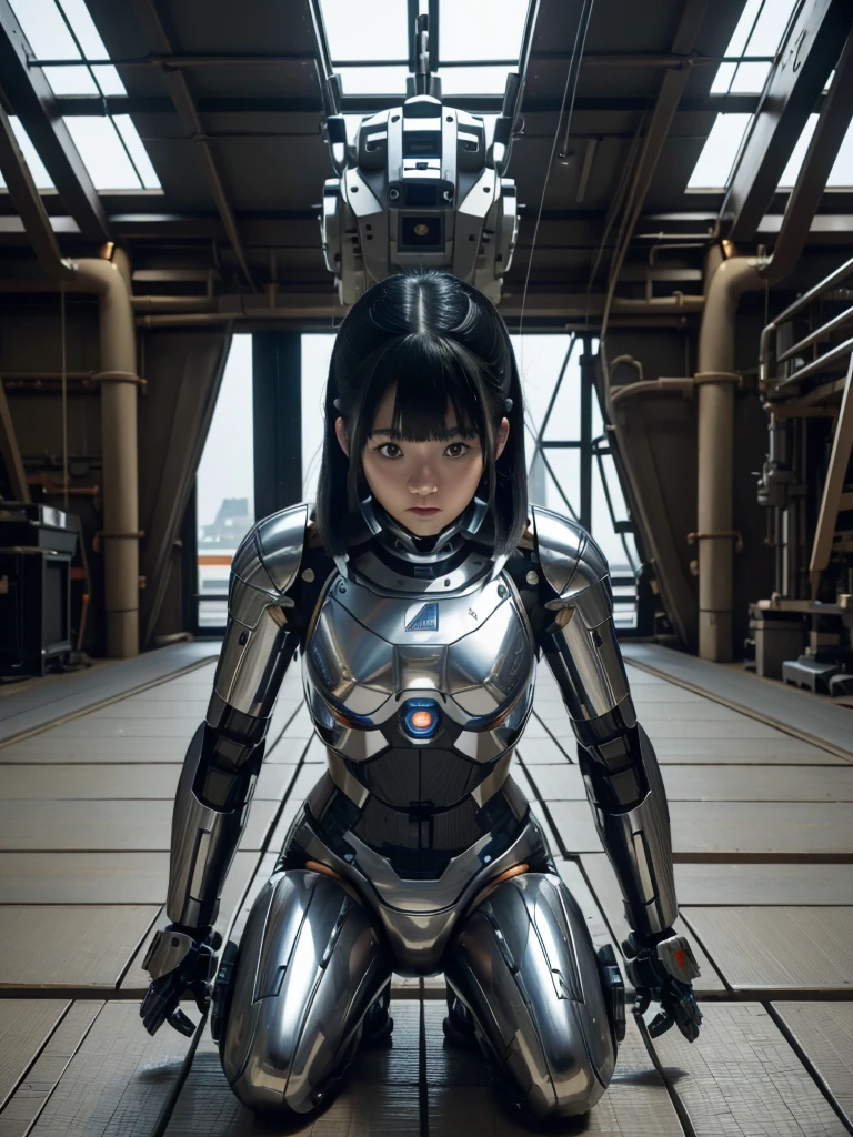 masterpiece, Highest quality, Very detailed, Japaese アンDroid girl,Portraiture,Plump,Thick,Control panel,アンDroid,Droid,Mechanical Hand, robotの腕と脚, Black Hair,Blunt bangs,perfect robot girl,Long tube,A thick cable was attached to her neck.,アンDroid,robot,humanoid,cyborg,japanese cyborg girl ,robot-assembly plant,She is now assembling,Assembly scene,Chubby,Squat