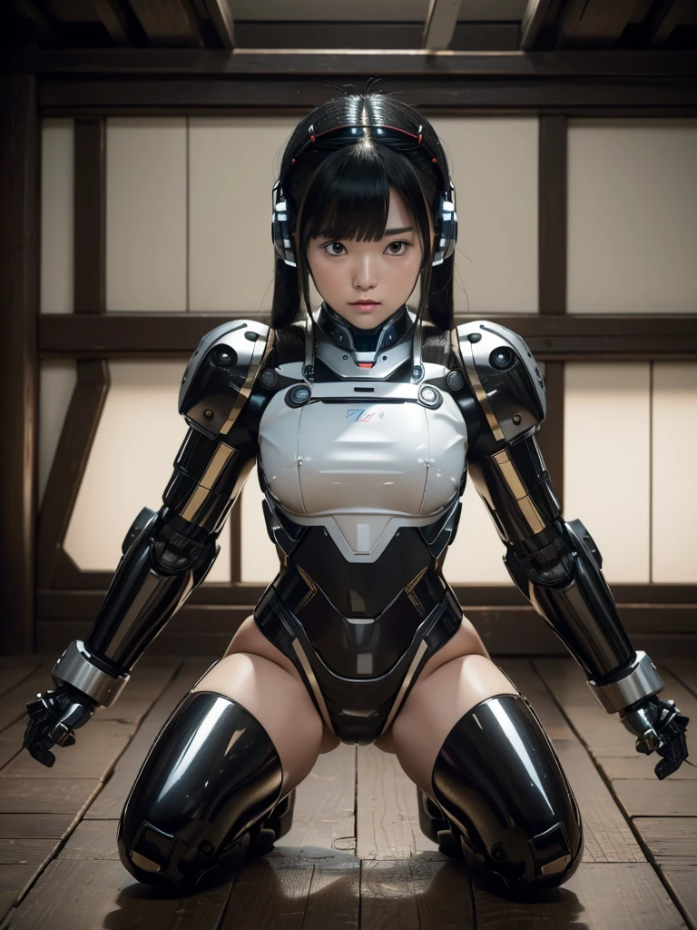 masterpiece, Highest quality, Very detailed, Japaese アンDroid girl,Portraiture,Plump,Thick,Control panel,アンDroid,Droid,Mechanical Hand, robotの腕と脚, Black Hair,Blunt bangs,perfect robot girl,Long tube,A thick cable was attached to her neck.,アンDroid,robot,humanoid,cyborg,japanese cyborg girl ,robot-assembly plant,She is now assembling,Assembly scene,Chubby,Squat
