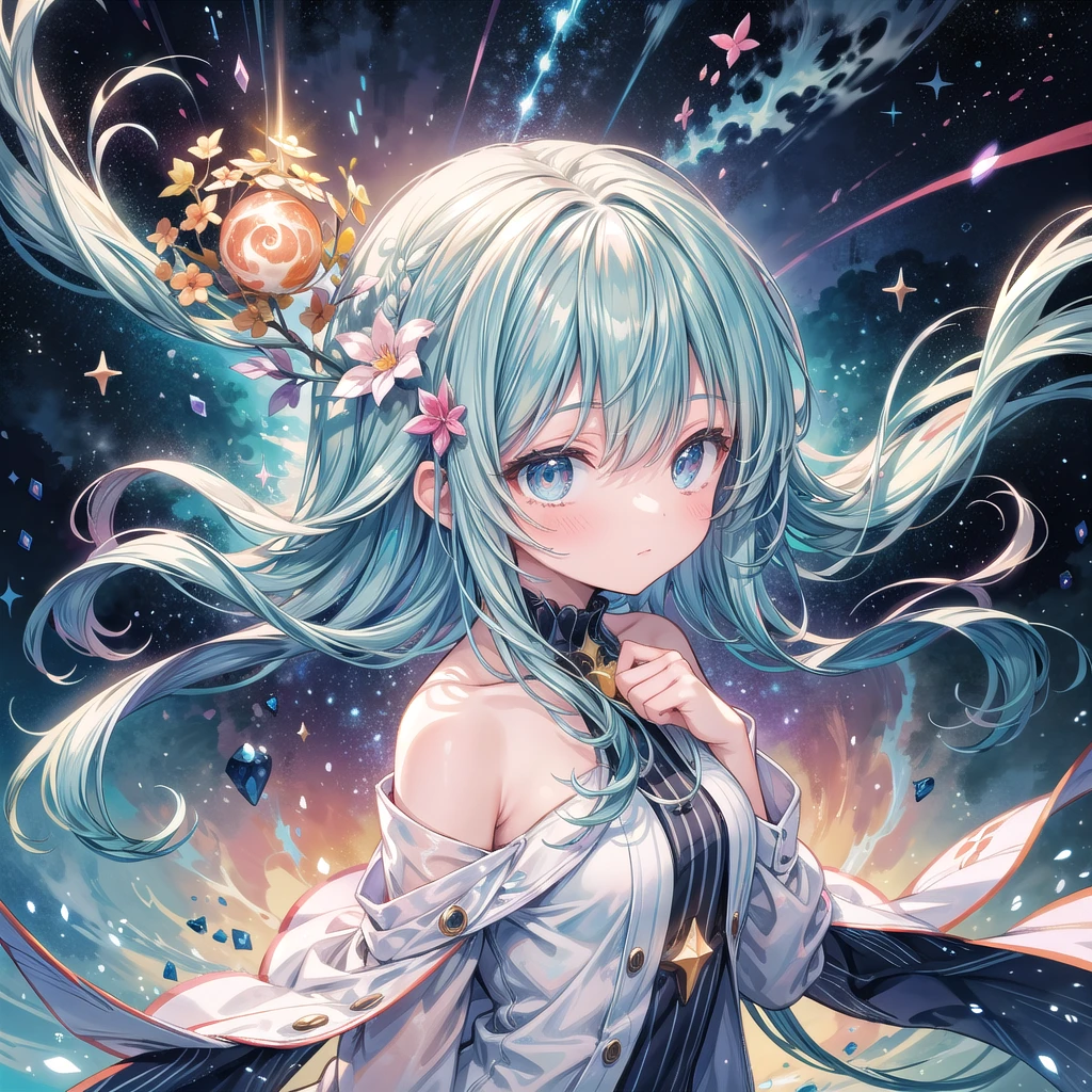 "Create a dreamy watercolor illustration of a girl floating in a cosmic ocean. Her hair flows like a nebula, filled with tiny glowing planets and bioluminescent space creatures. Stardust swirls around her, forming constellations that come to life as she reaches out to touch them."