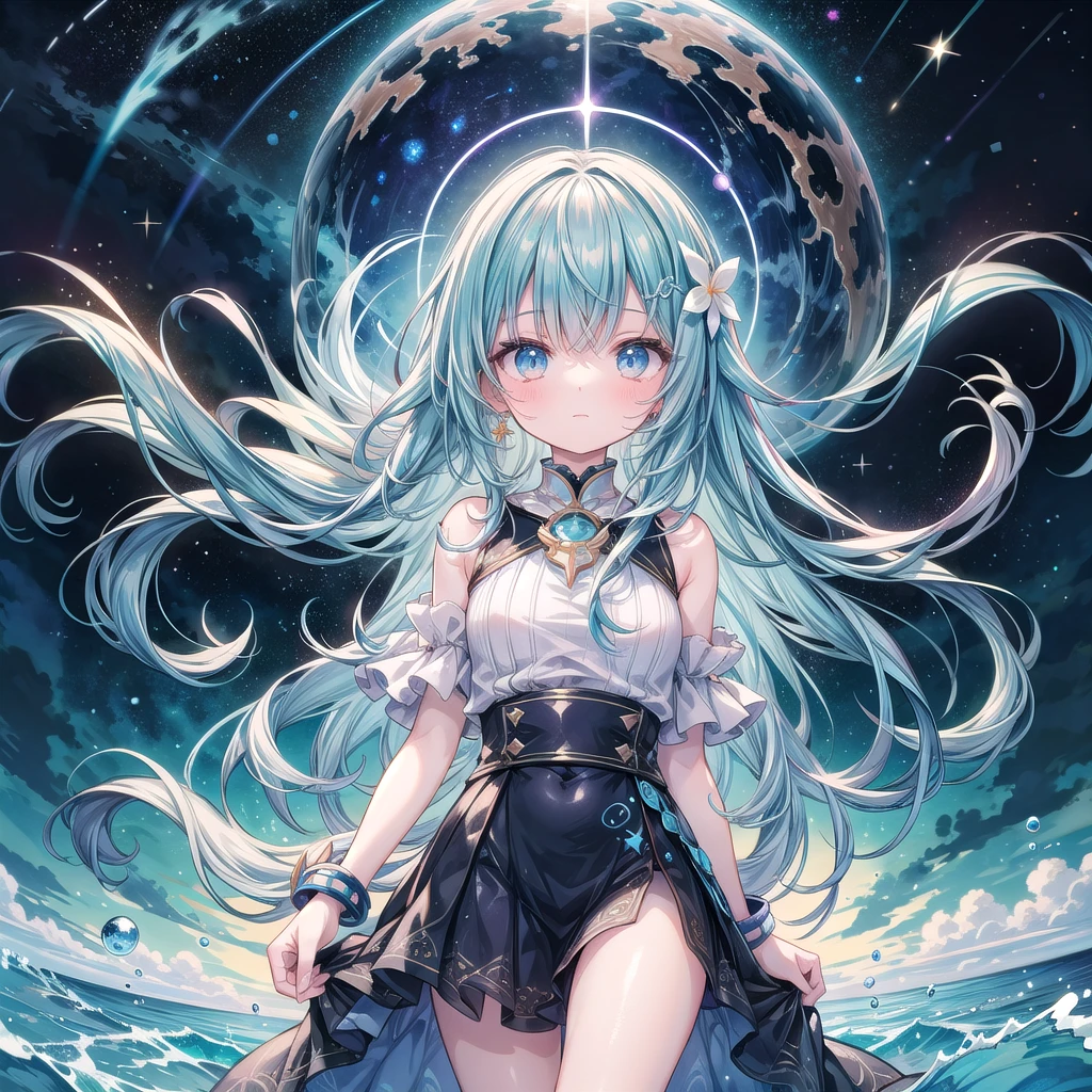 "Create a dreamy watercolor illustration of a girl floating in a cosmic ocean. Her hair flows like a nebula, filled with tiny glowing planets and bioluminescent space creatures. Stardust swirls around her, forming constellations that come to life as she reaches out to touch them."