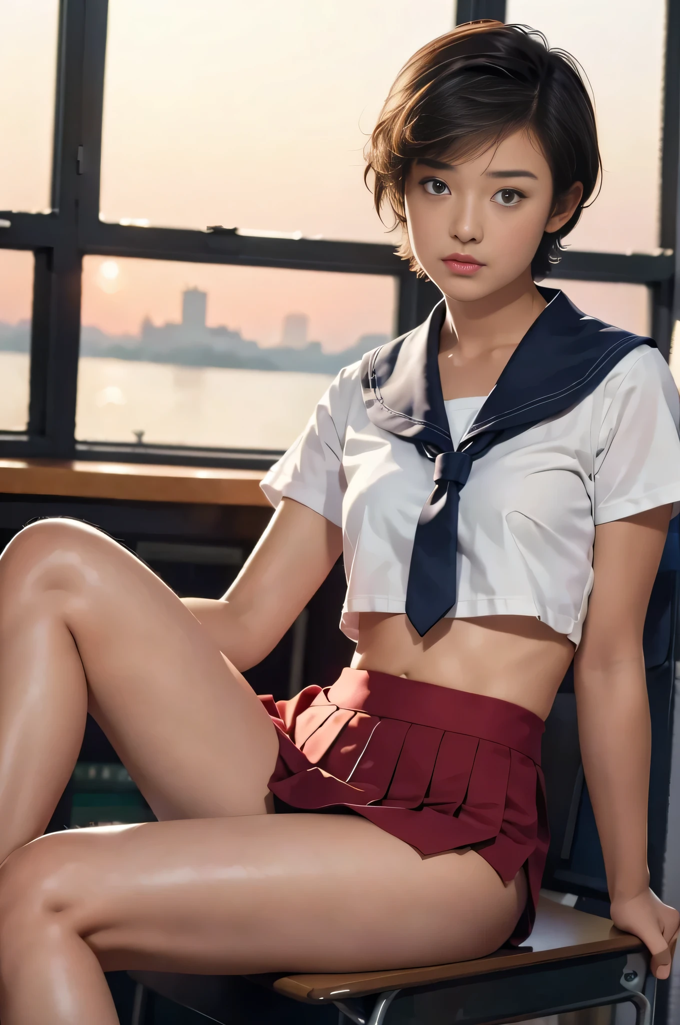 Realistic, (masterpiece, Highest quality:1.2), One person, alone, sitting in a school chair, (Crossing your legs:1.3), School desk, classroom, Sailor suit, Sailor collar, Short sleeve, Red ribbon tie, Pleated mini skirt, Flat Chest, short hair,