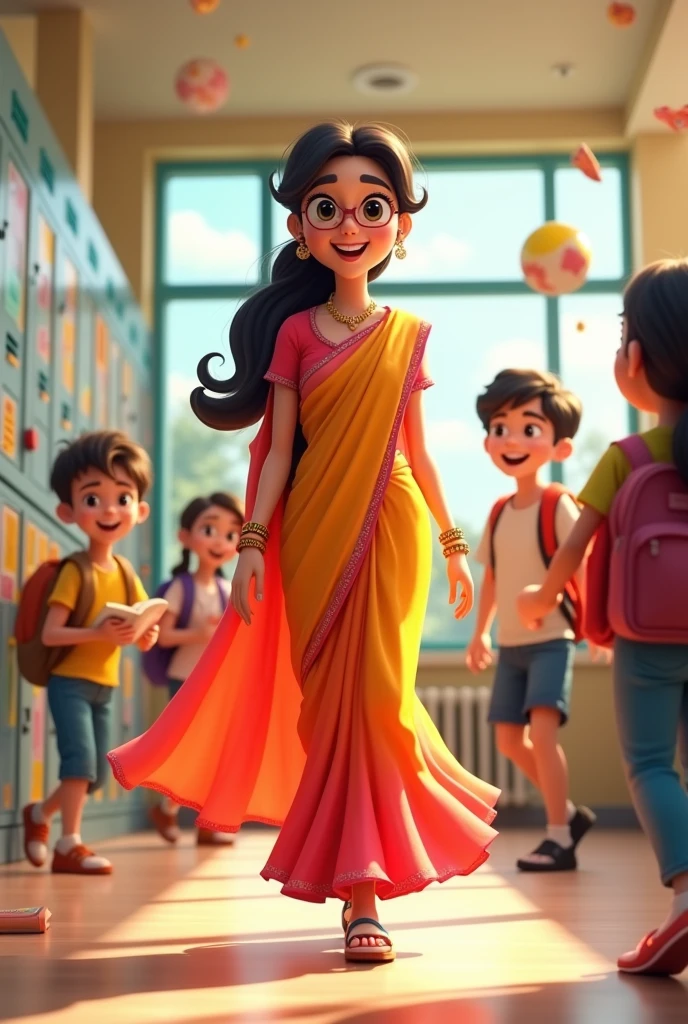 Private school teacher ai 3d cartoon type with saree walk with students  image 