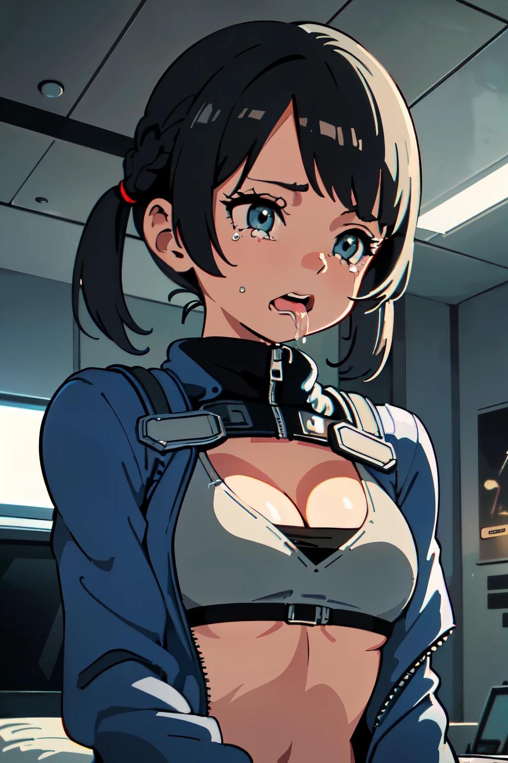 best quality, masterpiece, 1 girl, upper body, (silhouette lighting;1.4), sobbing, (licking, drooling:1.4), (short low twintails hair with bangs:1.3), retrofuturistic style gray bikini, jacket, gloves, (medium breast, cleavage, underboobs:1.2), (retrofuturistic style bed room:1.3)