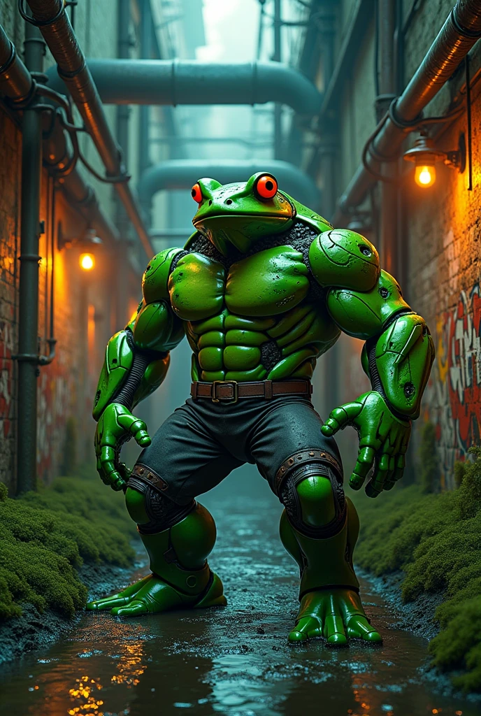 Bodybuilder frog robot transport to hulk among the drain 