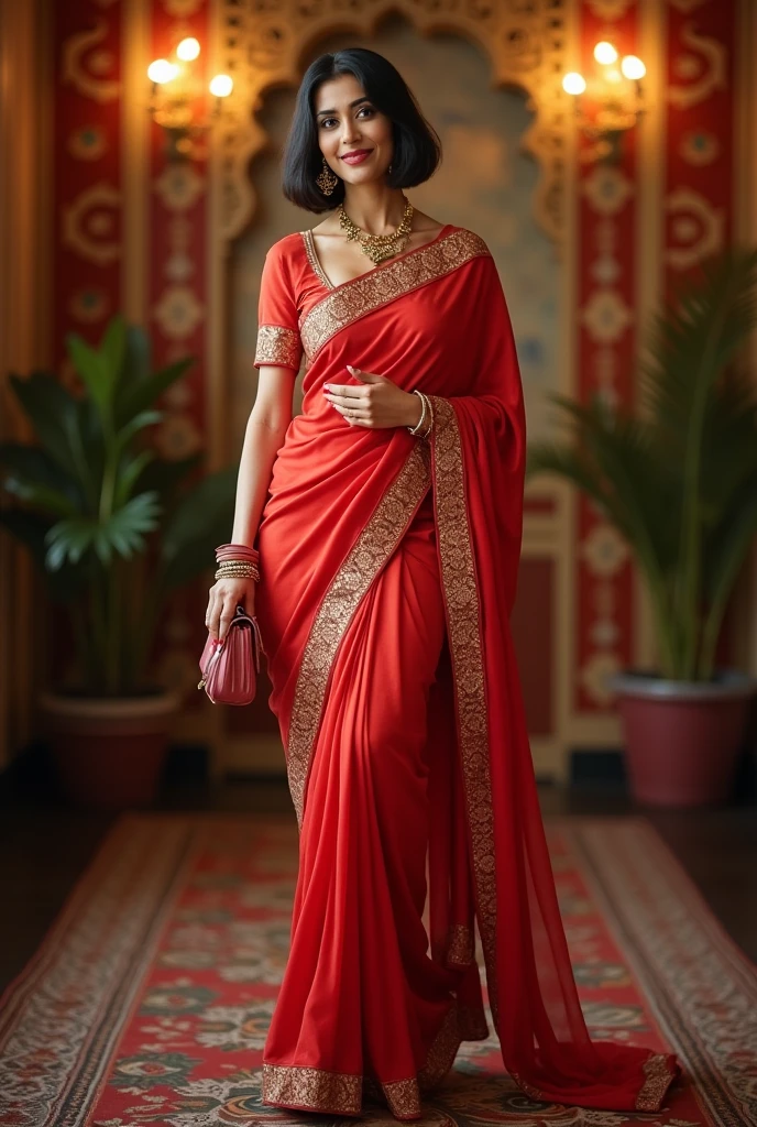 Female Indian 30, bob cut hair, Ria Sen looking, gorgeous saree and purse, full length body photograph, looking straight at the camera, big cute smile, sexy figure, full body length photo inducing her feet. 