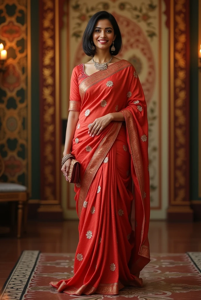 Female Indian 30, bob cut hair, Ria Sen looking, gorgeous saree and purse, full length body photograph, looking straight at the camera, big cute smile, sexy figure, full body length photo inducing her feet.
