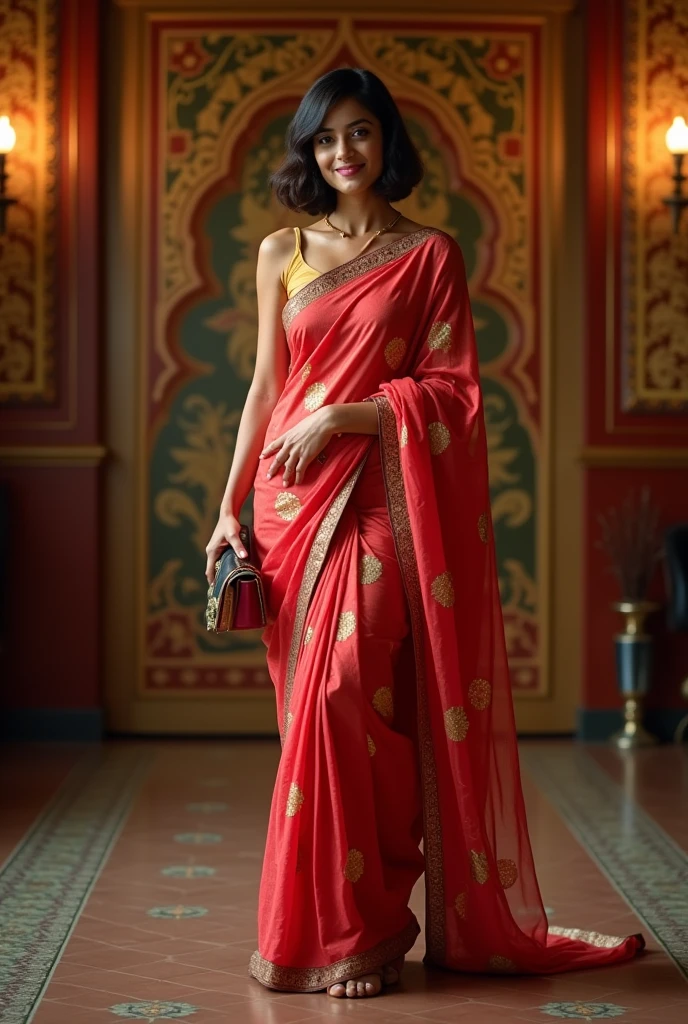 Female Indian 30, bob cut hair, Ria Sen looking, gorgeous saree and purse, full length body photograph, looking straight at the camera, big cute smile, sexy figure, full body length photo inducing her feet.