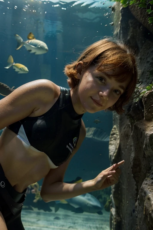 young sirène, go scuba diving in a aquarium with short ginger hair, happy to show her, on a scorching summer day, in aquarium de la Rochelle with sharks au premier plant.