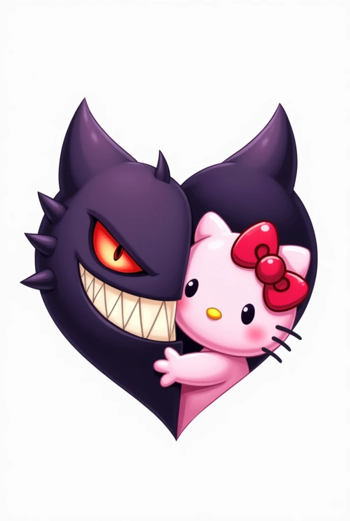 tattoo design. Evil Gengar and Pink Hello Kitty, lovers, only faces, White background