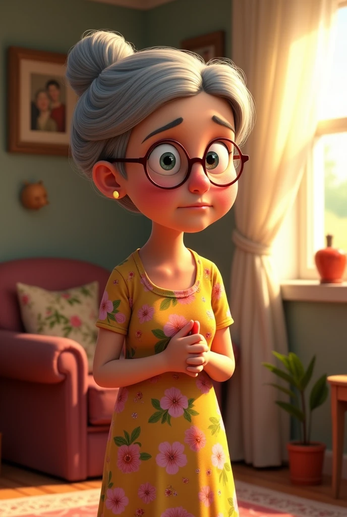 Animated cartoon character Grandma that is standing with sad face