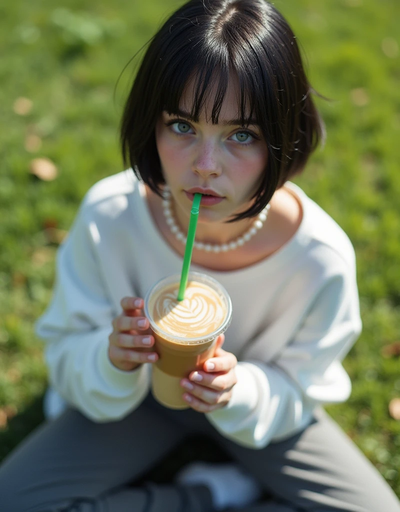 (RAW photo, best quality, masterpiece: 1.2), (photorealistic: 2), (Polish girl, 20 years old, black hair, Light grey eyes, short bob cut, hair in 7 thirds, hair over one ear, Symmetrical eyes, solo, Detailed Skin:1.1), Wearing white oversized sweatshirt, dark grey pants, white Nike Jordans, small pearl necklace, sitting Indian style on the grass, drinking cafe latte from a clear cup with a green straw, angled from above, looking up, sunny