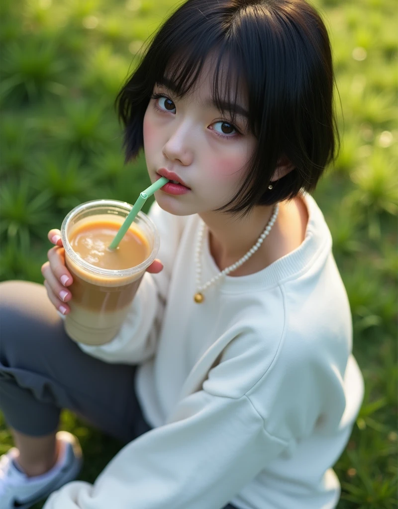 (RAW photo, best quality, masterpiece: 1.2), (photorealistic: 2), (Polish girl, 20 years old, black hair, Light grey eyes, short bob cut, hair in 7 thirds, hair over one ear, Symmetrical eyes, solo, Detailed Skin:1.1), Wearing white oversized sweatshirt, dark grey pants, white Nike Jordans, small pearl necklace, sitting Indian style on the grass, drinking cafe latte from a clear cup with a green straw, angled from above, looking up, sunny