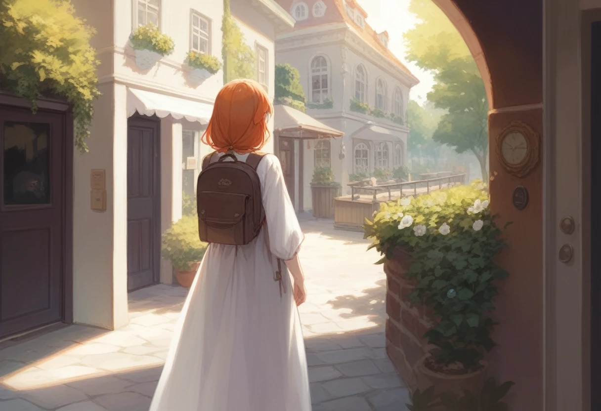 a girl anime art style, orange hair, white dress but short skirt, backpack on shoulder, standing on front of a threshold of quaint cafe, door slightly ajar.