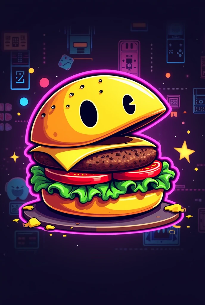 Logo of a hamburger simulating being Pac Man and having the shape of Pac Man with a vintage retro 80s style
