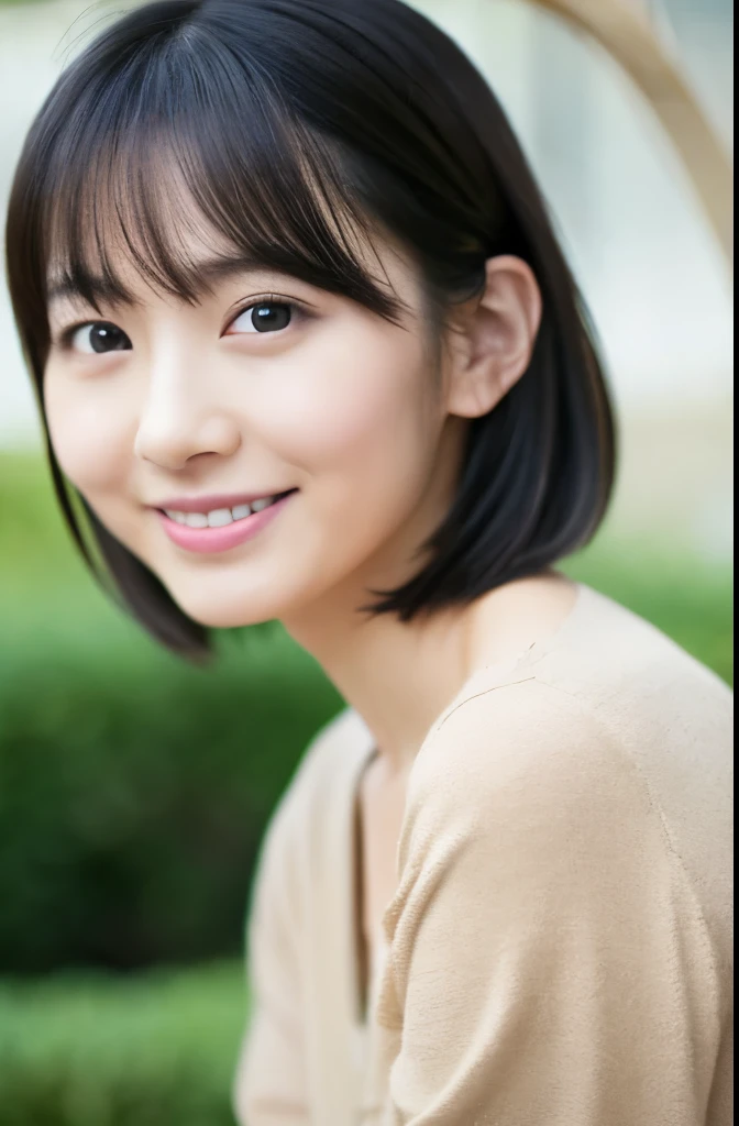 Portrait, 8k, high quality, realistic photo images, 29-year-old, japanese woman, neat wife, housewife, Reproduces natural and realistic eyes, japanese stand, beautiful black hair, short hair, light makeup, octane rendering, beautiful lighting, composition of golden ratio, laughter, everyday wear, casual clothes, natural background, blurred background, High level image quality, Pure Japanese humanity, beautiful wife, Upper body, light makeup, No makeup, pure beauty, plain clothes, grey, beige, green, Plain color, casual clothes, slight smile, small black eyes, background bokeh