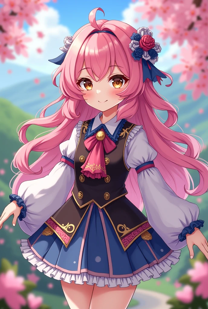 generate me a genshin impact character with curly hair, her hair is also pink, and eyes are brown, she has black/white/blue/pink colors in her clothes, she’s a very pretty and cute