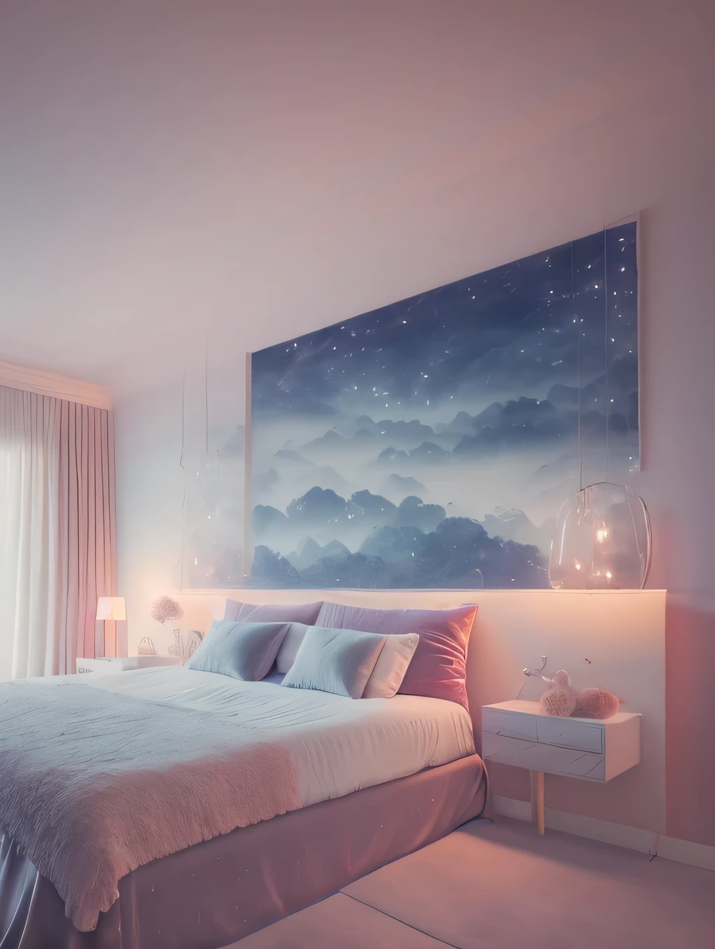 a dreamy interior design, foggy, soft focus, cool lighting, muted pastel colors, glowing atmosphere, dramatic shadows, cinematic composition, dream-like quality, ethereal, romantic, soft focus photography, pink hour, midnight, windy, white marble, whimsical, hazy, ethereal