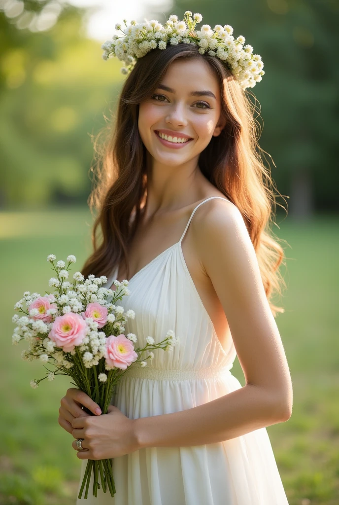 a young woman wearing a sleeveless white dress. She was holding a bouquet of flowers consisting of white and pink flowers., and wear a flower crown that matches her bouquet. Her face looks soft and friendly, with long wavy hair flowing over her shoulders. The background looks bright, with sunlight giving a warm feel to the whole image.