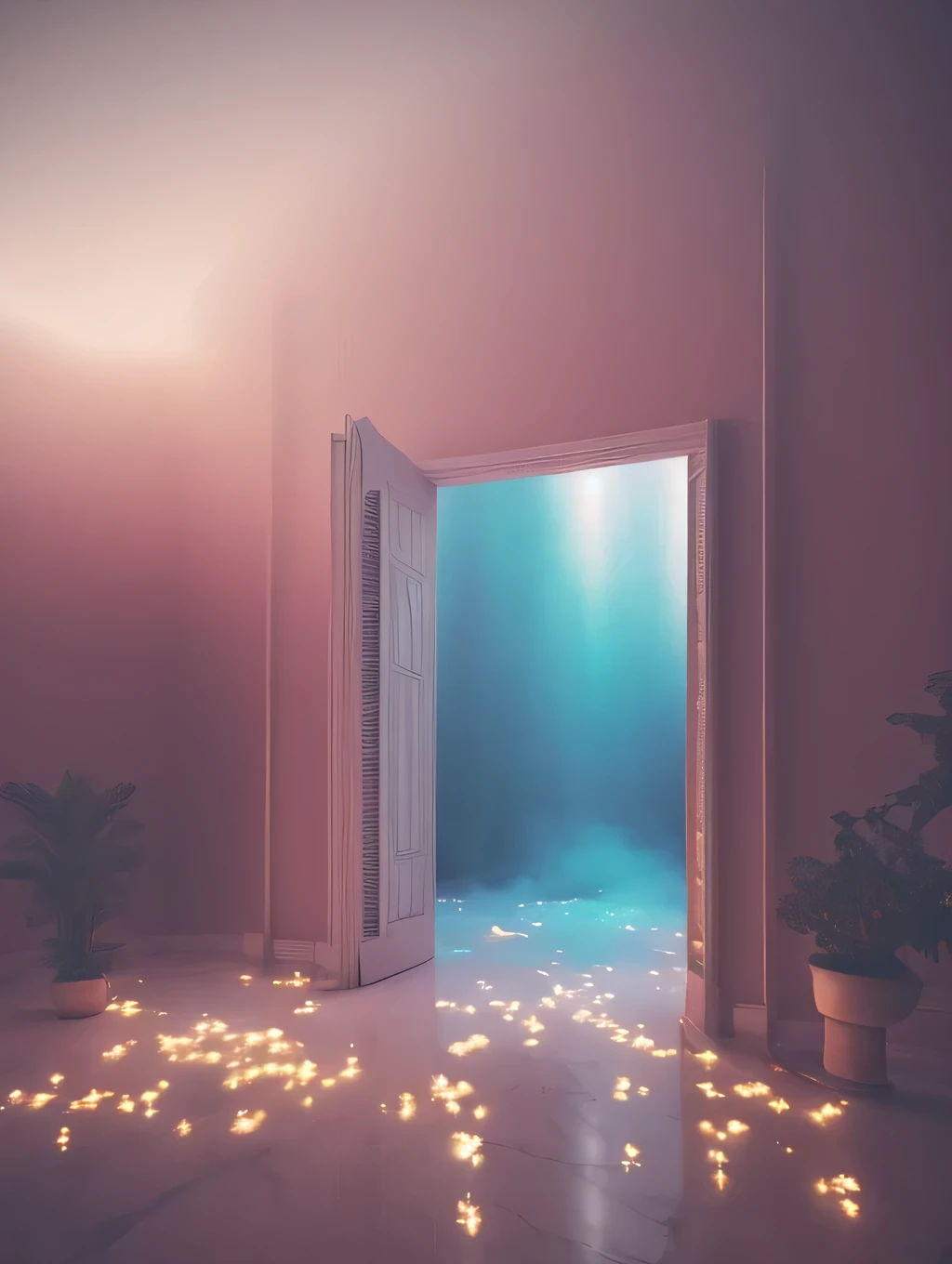 a dreamy interior design, foggy, soft focus, cool lighting, muted pastel colors, glowing atmosphere, dramatic shadows, cinematic composition, dream-like quality, ethereal, romantic, soft focus photography, pink hour, midnight, windy, white marble, whimsical, hazy, ethereal