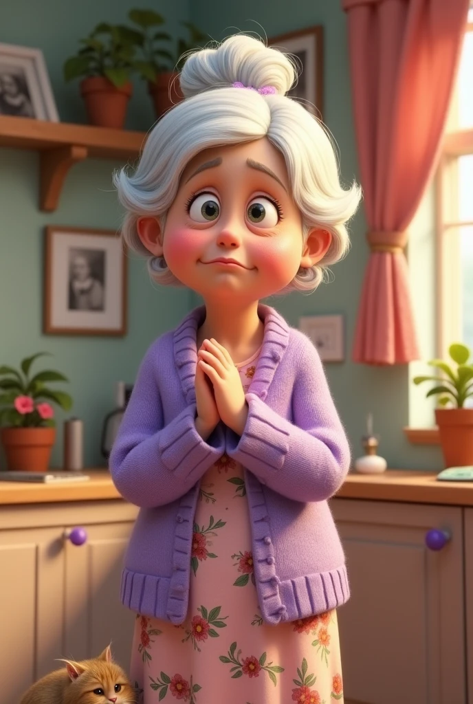 Animated cartoon character Grandma that is standing with sad face whole body