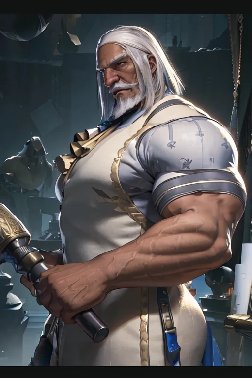 masterpiece, Best Quality, ultra detailed, 1 man, mature male, muscular, piece, Only, sportsman, beef, negro skin, negro, tanned skin, latino, 36 years old, negro hair, gray fur, goatee, long grey hair, serious expression, Gray shirt, whole body, science fiction background. jeans backside, Old man, JP, An award-winning original photo, ( brown skin color), long gray hair, full white beard, A wild muscular old man, (80 years old daddy:1.1), 1boy, Solo, (tanktop), (big shoulders), musculature, stubbles, dark skin, long grey hair, thick grey beard, Detailed face, (evil smile), blue eyes, veins, wrinkles, big old man nose, nose with pronounced bridge and outward curve that protrudes from the base of the nose, dark olive skin color, brown skin, veins, absurdly huge nose, hawk nose, convex nose, well groomed moustache, (flexing his biceps), Dynamic Angle, volumetric lighting, (Best quality, A high resolution, Photorealistic), Cinematic lighting, Masterpiece, RAW photo, Intricate details, hdr, upper body shot
